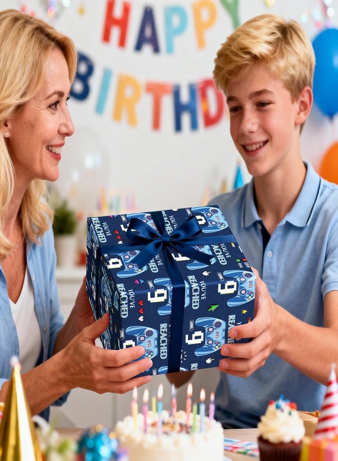 LeZakaa 9th Birthday Wrapping Paper Roll for Kids Boys, Level 9 Game Controller & Pixel Icons Blue Age9 Birthday Gift Wrap, Gamer Party Decorations, Mini Roll 17 in x 16.4 Ft - Image 2